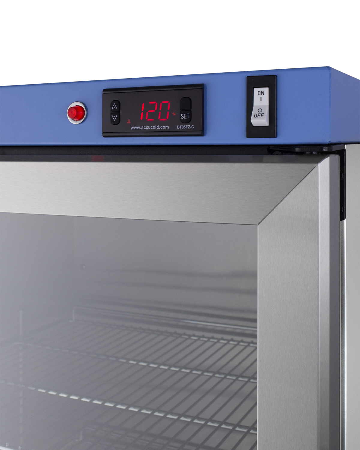Single chamber passive heating blanket warmer with a self-closing glass door, stainless steel interior, digital thermostat, stainless steel cabinet, and lock